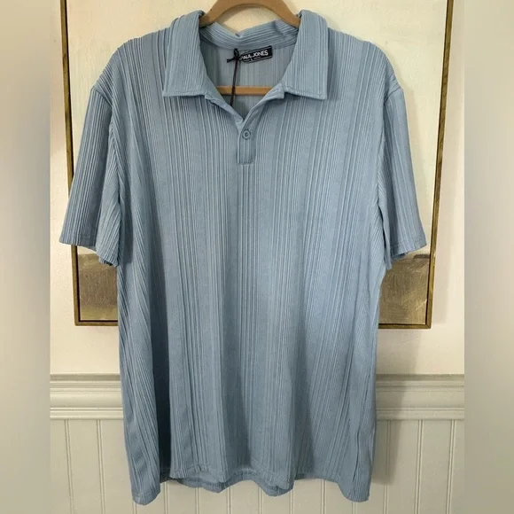 PAUL JONES Mens Textured Knit Polo Shirt Light Blue Stretchy Golf Shirt Lg NWT - Picture 3 of 7